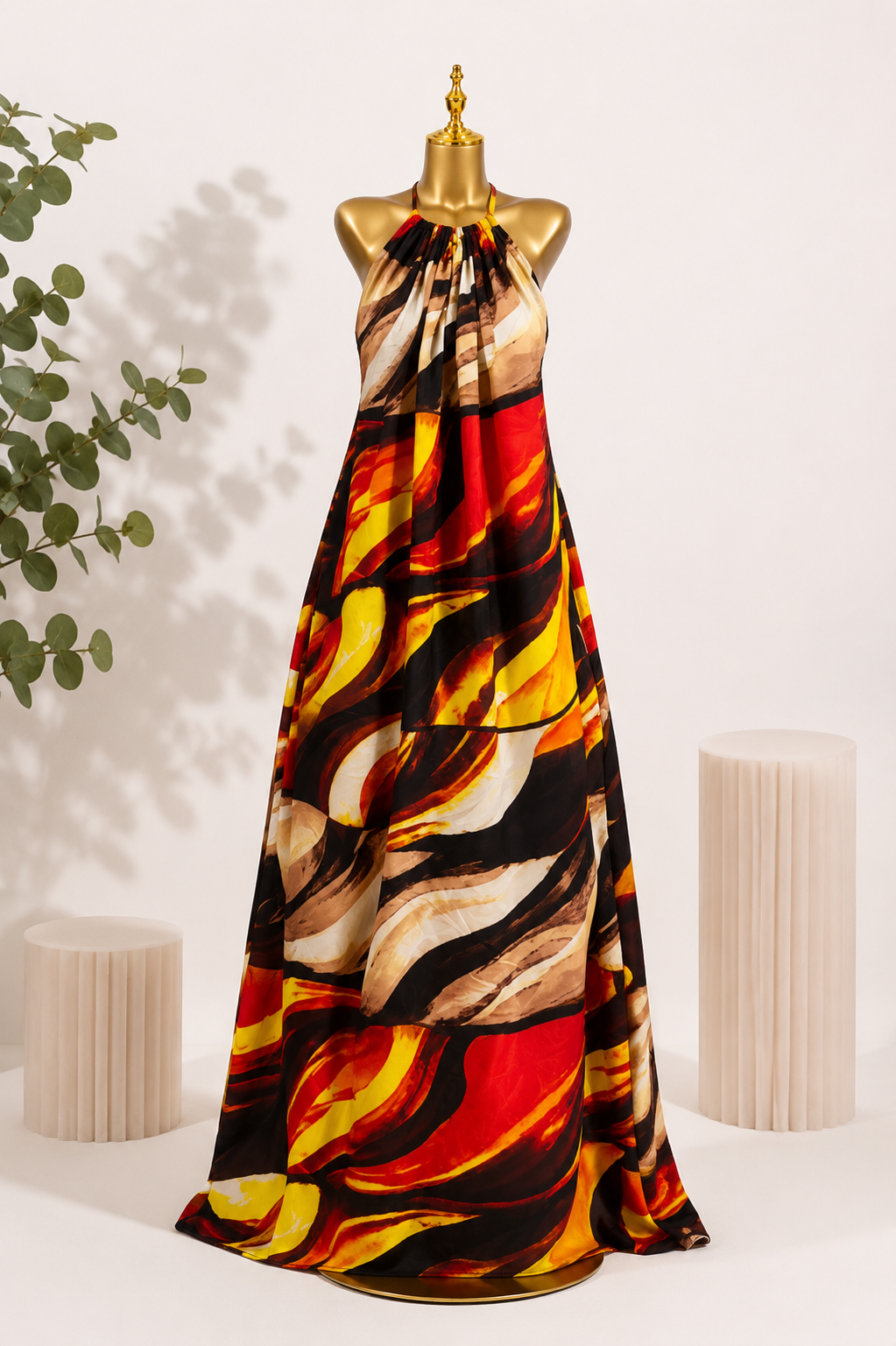 KAIOU Asa Maxi Dress, Adire-inspired halter-neck maxi dress in burnt orange, red, black, cream and yellow — product image 1