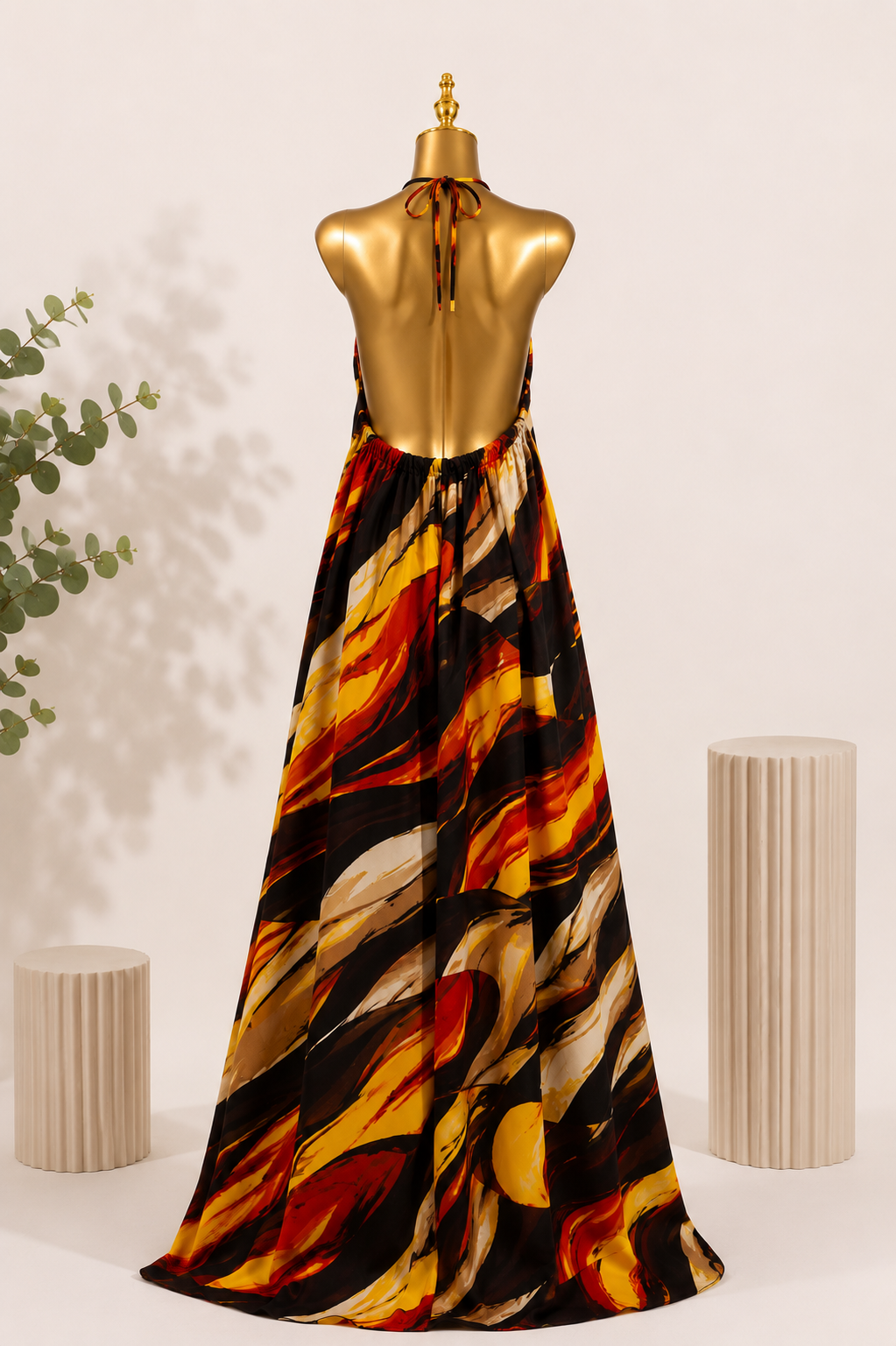 KAIOU Asa Maxi Dress, Adire-inspired halter-neck maxi dress in burnt orange, red, black, cream and yellow — product image 2