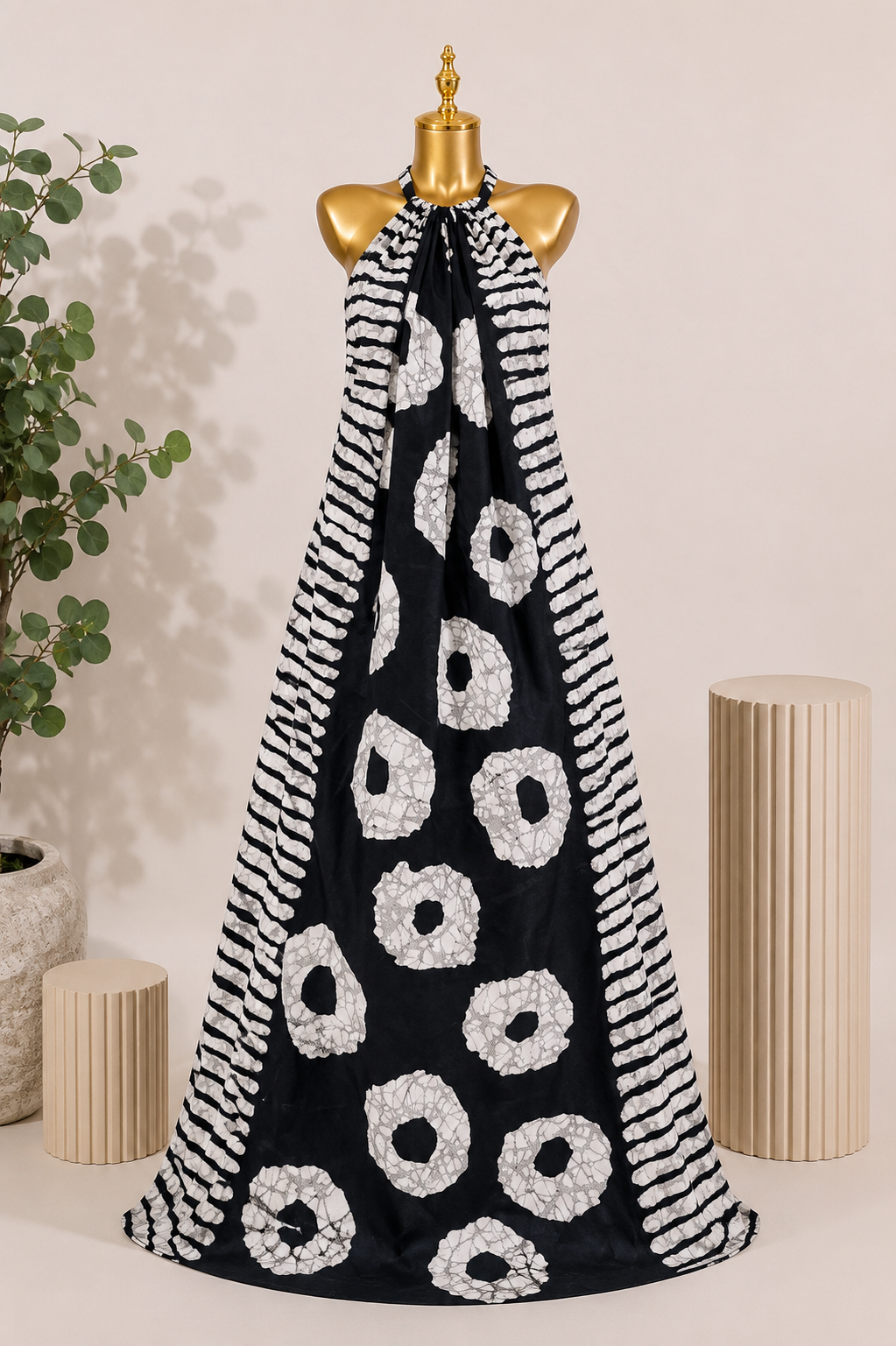 KAIOU Dudu Maxi Dress, Adire-inspired halter-neck maxi dress in black and white — product image 1