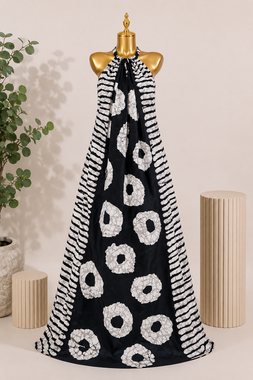 KAIOU Dudu Maxi Dress, Adire-inspired halter-neck maxi dress in black and white — product image 1