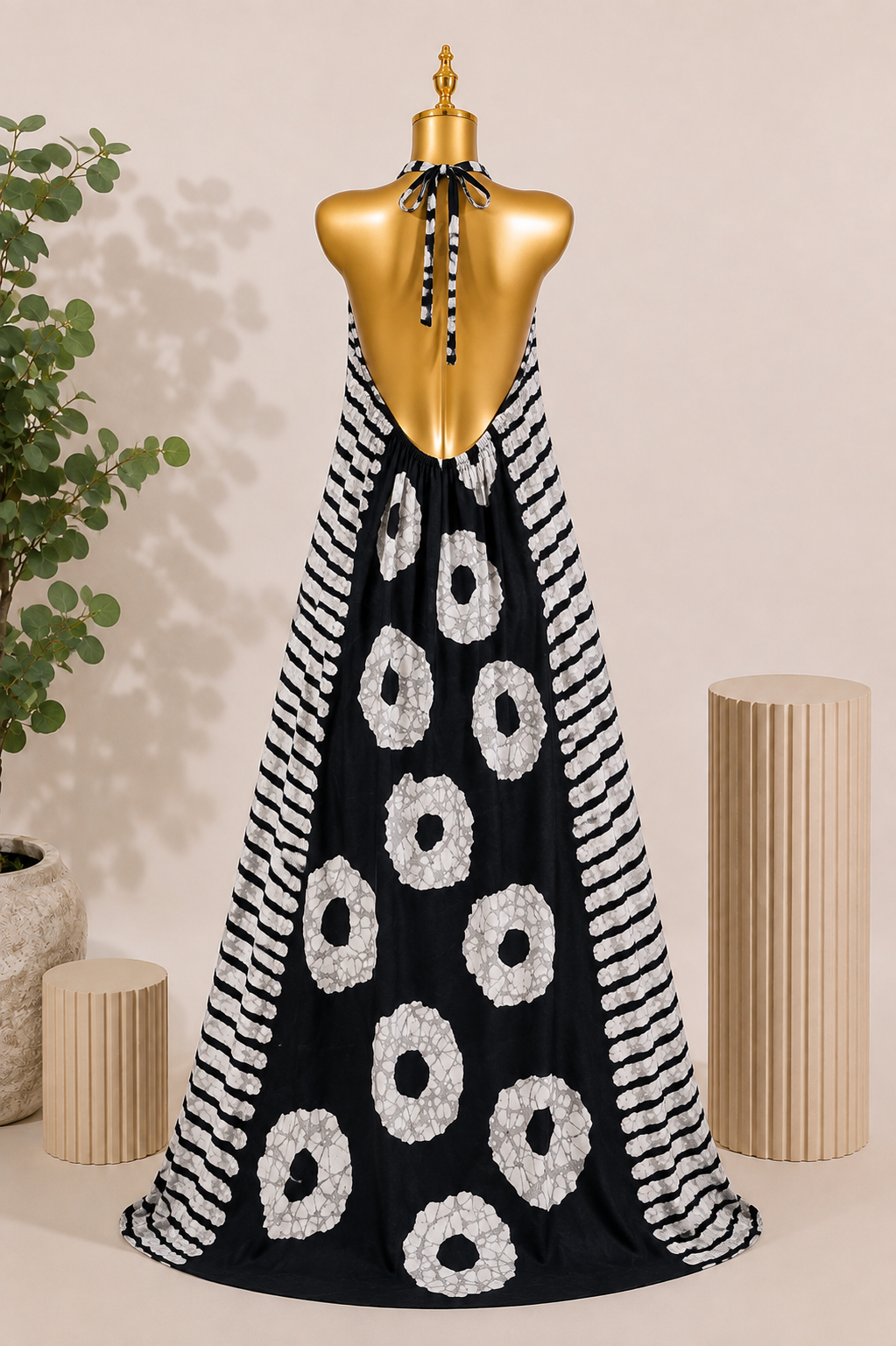 KAIOU Dudu Maxi Dress, Adire-inspired halter-neck maxi dress in black and white — product image 2