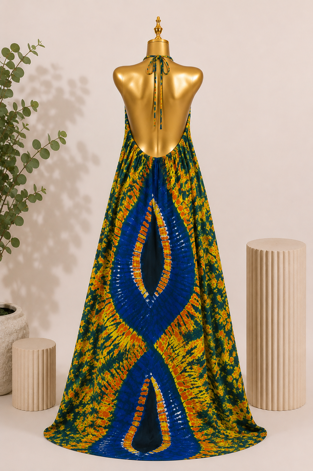 KAIOU Yemoja Maxi Dress, Adire-inspired halter-neck maxi dress in cobalt blue, yellow, orange and green — product image 2