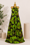 KAIOU Ayo Maxi Dress, Adire-inspired halter-neck maxi dress in lime green, black and burgundy — product image 1