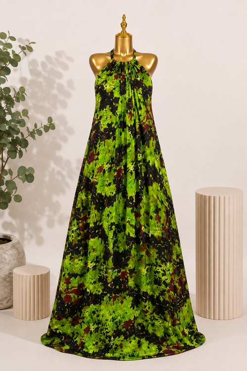 KAIOU Ayo Maxi Dress, Adire-inspired halter-neck maxi dress in lime green, black and burgundy — product image 1