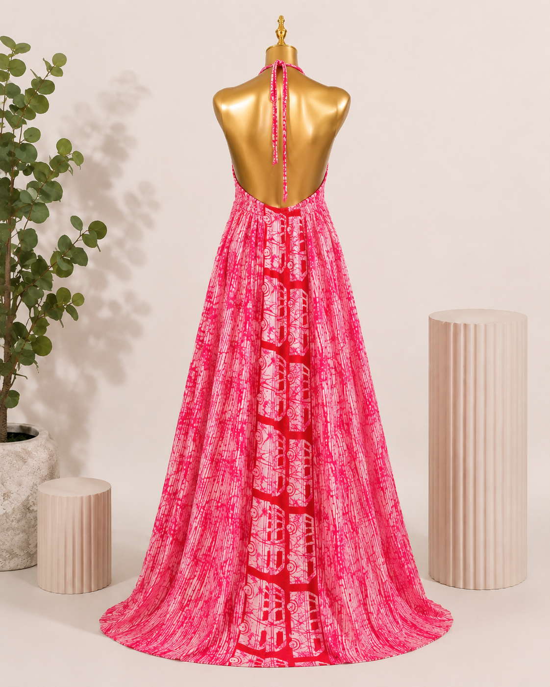 KAIOU Sade Maxi Dress, Adire-inspired halter-neck maxi dress in pink, red and white — product image 2