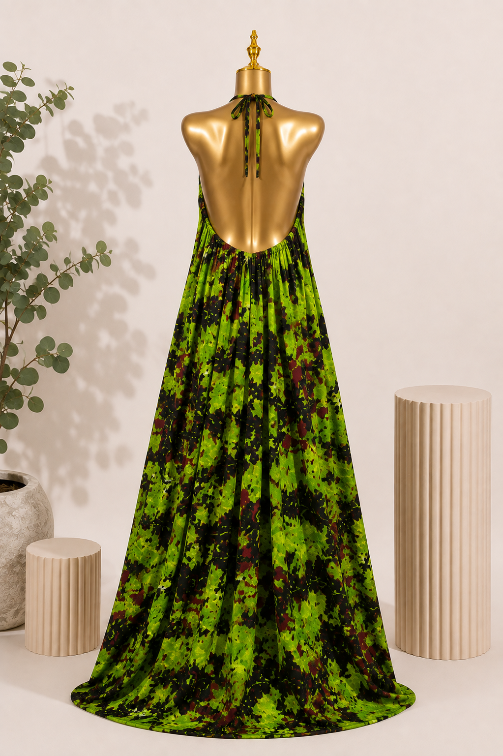 KAIOU Ayo Maxi Dress, Adire-inspired halter-neck maxi dress in lime green, black and burgundy — product image 2
